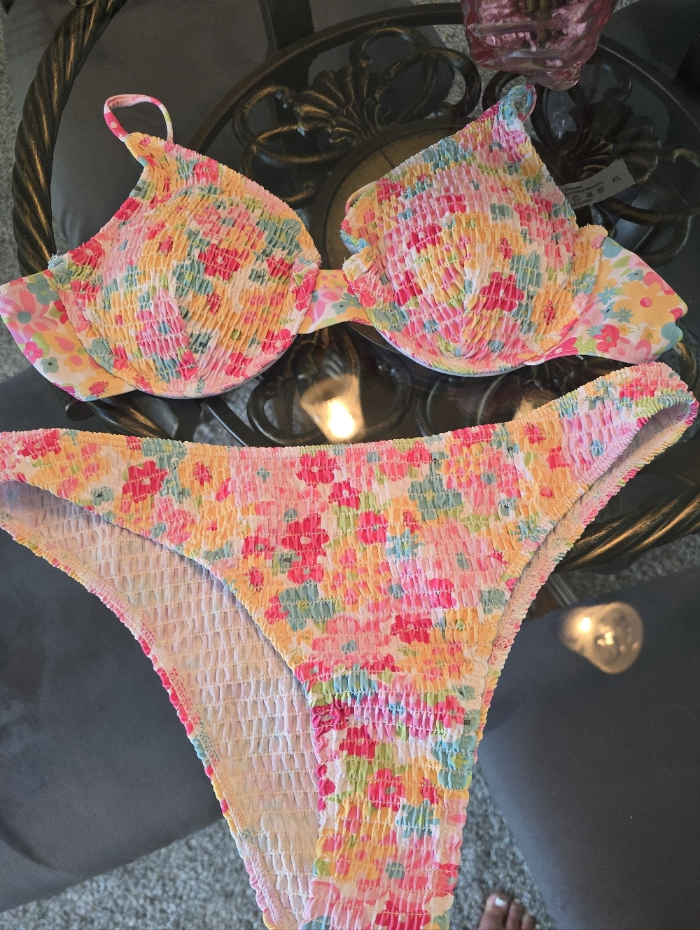 SHEIN Floral Pink Yellow Blue Ruffled Bikini Set